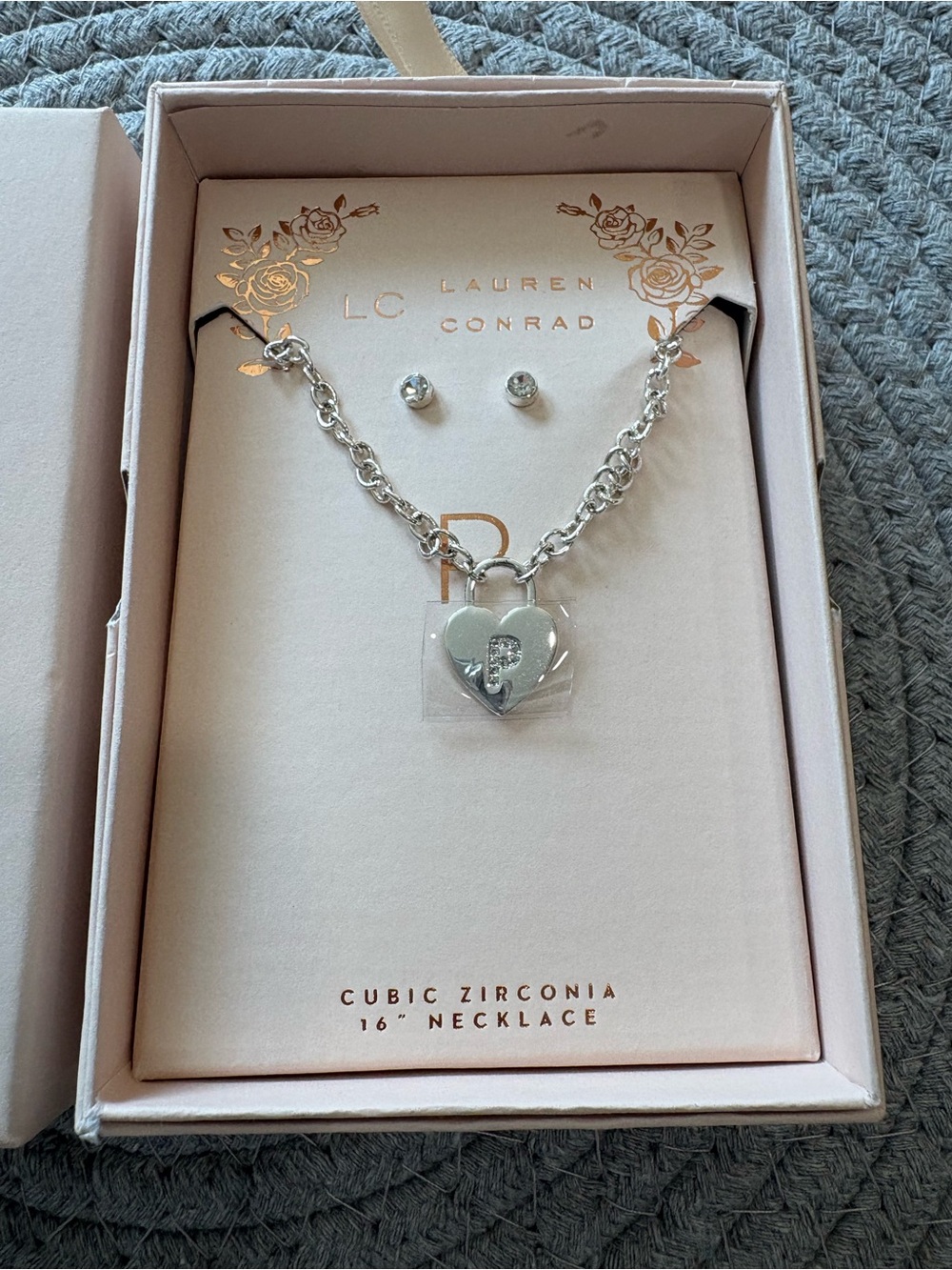 ⭐️  Initial P Silver Heart Padlock Necklace with Stud Earrings by Lauren Conrad
